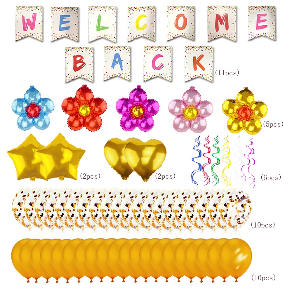 Welcome Back Sign Banner Decoration Kit Including Welcome Back Banner Flower Star Heart Shape Balloons Gold Confetti Glitter Balloons and Hanging Swirls for Home, School, Office Party Decor Supplies