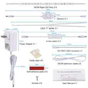 Under Cabinet LED Lighting Kit for Kitchen Cabinets Counter Shelf Bookcase Closet. 6 PCS 12 Inches LED Light Strip with Adapter Switch Dimmer Extension Cable. Plug in. Dimmable. Daylight White 5000K.