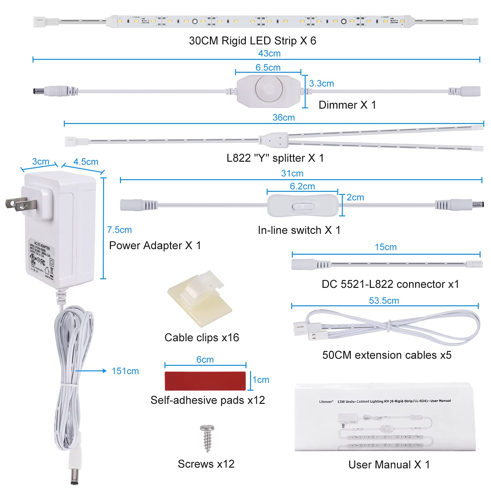 Under Cabinet LED Lighting Kit for Kitchen Cabinets Counter Shelf Bookcase Closet. 6 PCS 12 Inches LED Light Strip with Adapter Switch Dimmer Extension Cable. Plug in. Dimmable. Daylight White 5000K.