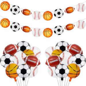 10 pcs sports themed party decorations include 8 pcs 12 inch aluminum sport balloons and 2 pcs garland banners, sports birthday party decoration supplies for ball fans classroom home club decor