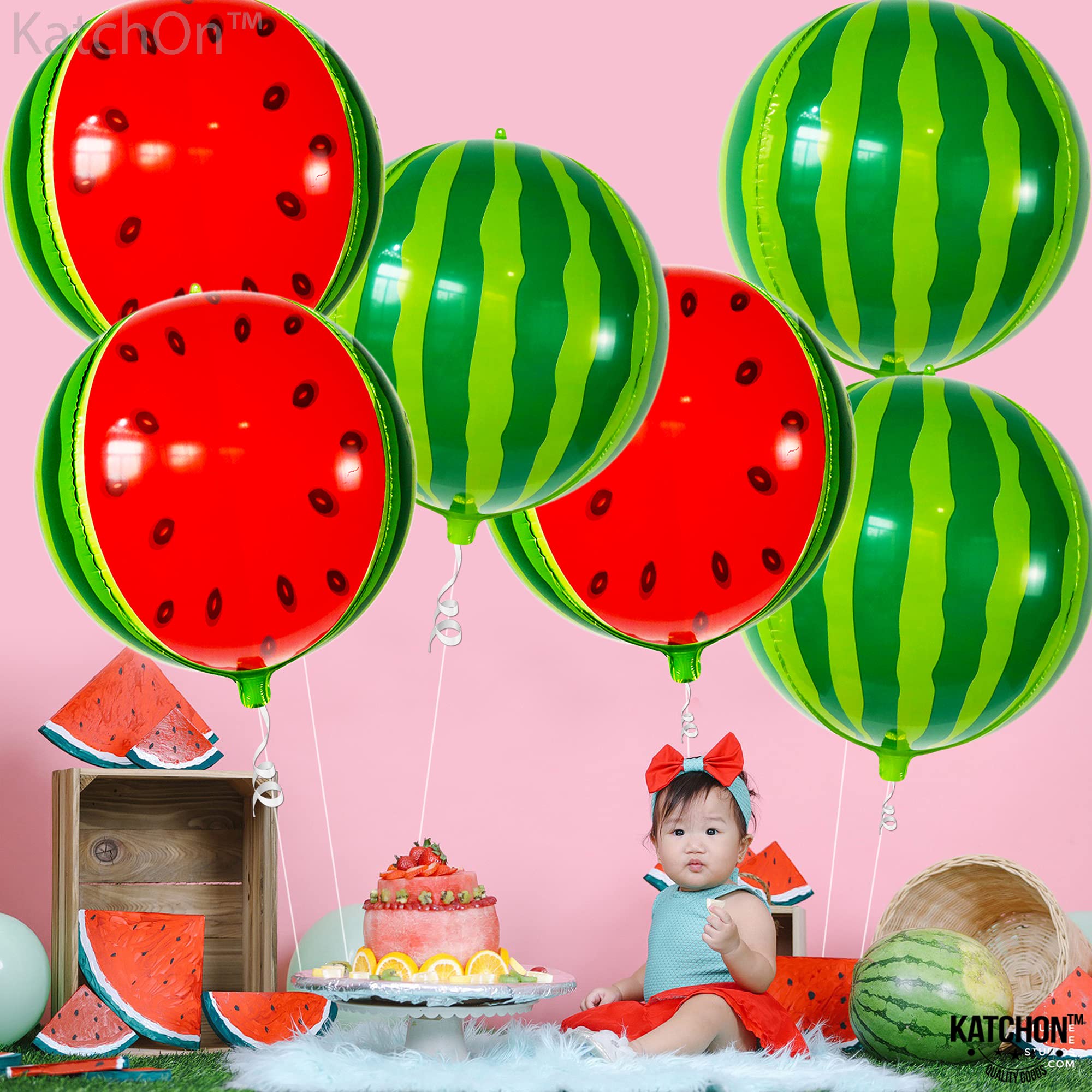 KatchOn, Big Watermelon Balloons for Watermelon Decorations - Pack of 6, 22 inch | 4D Watermelon Balloon for Watermelon Party Decorations | Summer Fruit Balloons for One In A Melon Party Decorations