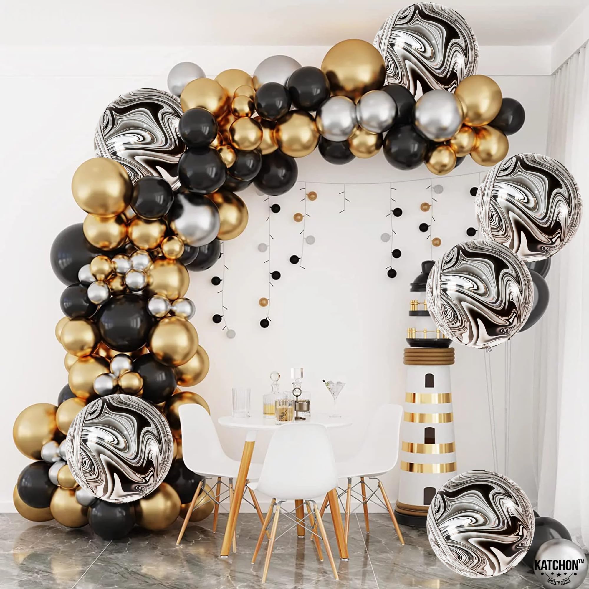 KatchOn, Black and White Marble Balloons - Big, 22 Inch, Pack of 6 | 360 Degree 4D Marble Balloons Black and White | Black Marble Balloons, Black and White Party Decorations | Black and White Balloons