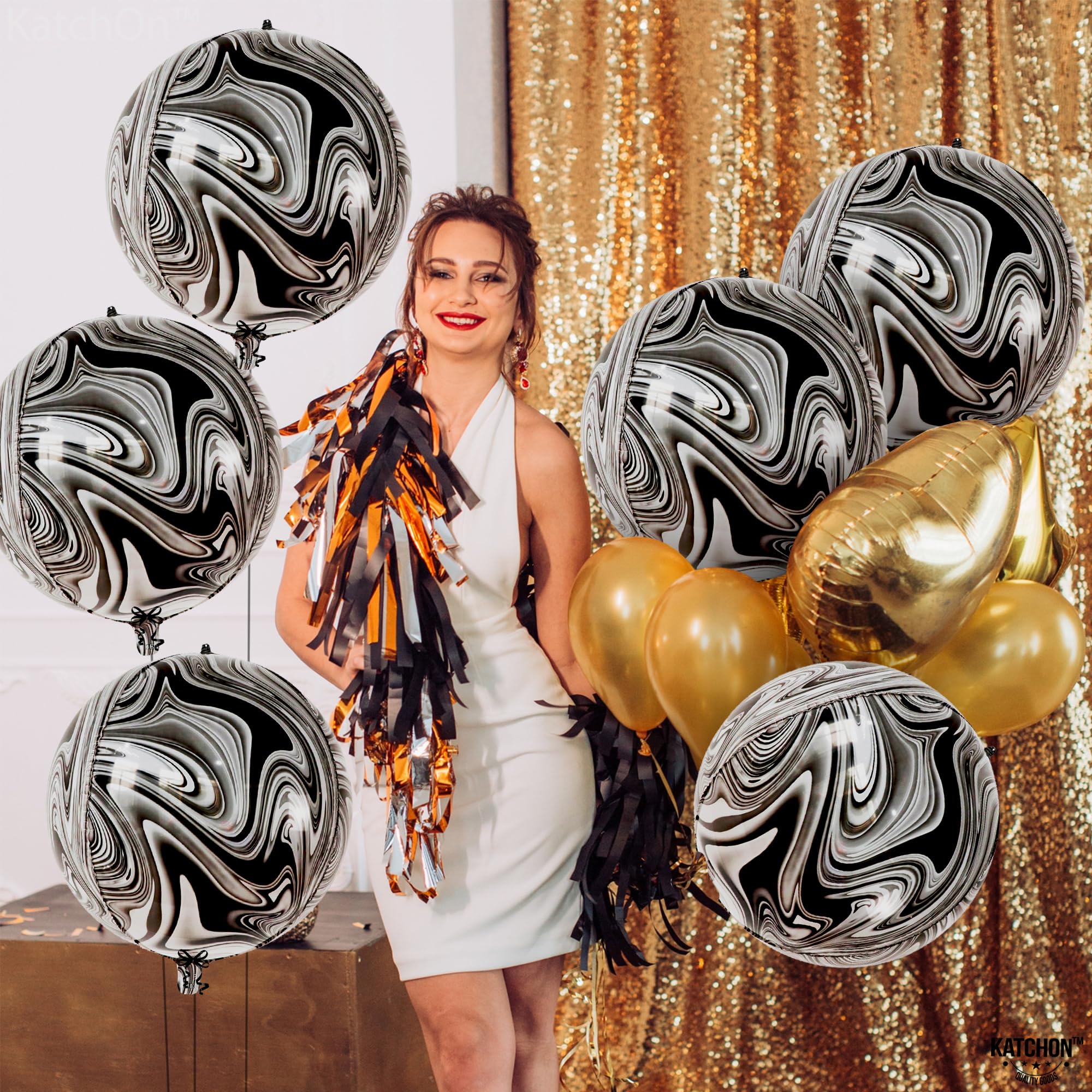 KatchOn, Black and White Marble Balloons - Big, 22 Inch, Pack of 6 | 360 Degree 4D Marble Balloons Black and White | Black Marble Balloons, Black and White Party Decorations | Black and White Balloons