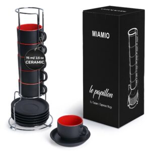 miamio - 2.5 oz espresso cup set with saucers coffee mug set of 6 - ceramic coffee mug stackable espresso mug with stand for coffee drinks, latte, cafe mocha - le papillon collection (red)