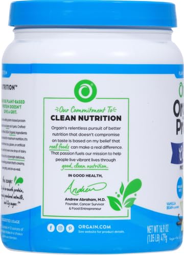 Orgain Organic Vegan Protein Powder + Oat Milk, Vanilla Bean - 20g Plant Based Protein, Gluten Free, Soy Free, Low Sugar, Non GMO, Kosher - 1.05lb