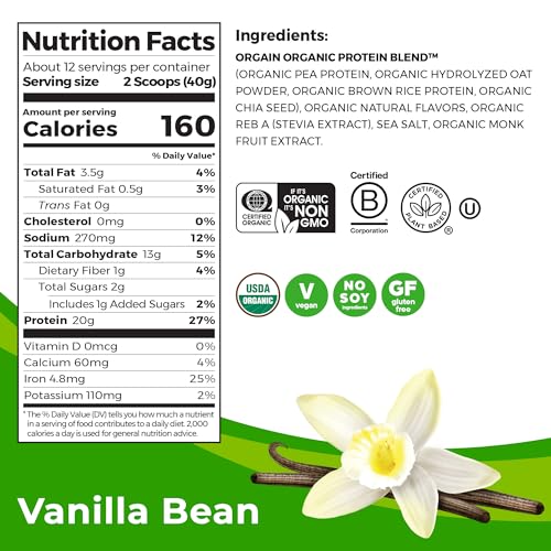 Orgain Organic Vegan Protein Powder + Oat Milk, Vanilla Bean - 20g Plant Based Protein, Gluten Free, Soy Free, Low Sugar, Non GMO, Kosher - 1.05lb