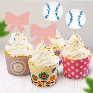 24 PCS Baseballs or Bows Cupcake Toppers Gender Reveal Party Decorations for Picks Baby Shower Birthday Party Cake Decoration Supplies