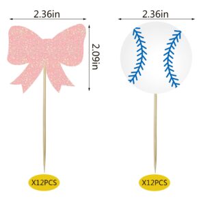 24 PCS Baseballs or Bows Cupcake Toppers Gender Reveal Party Decorations for Picks Baby Shower Birthday Party Cake Decoration Supplies