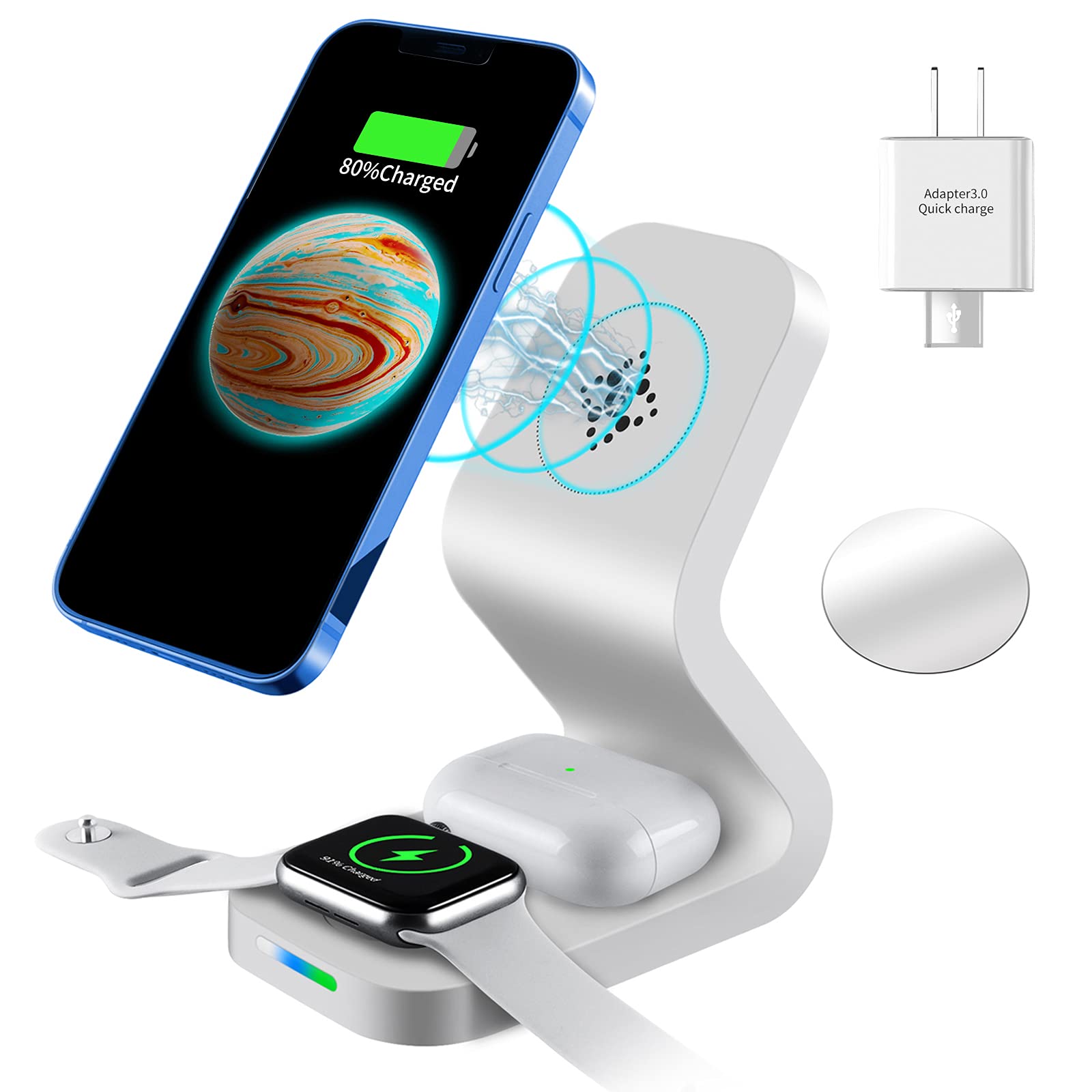 SVJEFY Wireless Charger, 3 in 1 Fast Wireless Charging Station, Suitable for iWatch2/3/4/5/6/SE, Earphones and Magnetic iPhone, Foldable Travel Wireless Charger