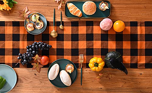 Tosewever Halloween Buffalo Check Plaid Table Runner, Cotton Polyester Blend Classic Family Dinner Table Runners for Indoor Outdoor Parties Events Home Decoration (Orange and Black, 14 x 72 Inch)