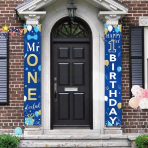 2 pieces 1st birthday party decorations mr. onederful birthday banner 1st birthday porch sign hanging door banner welcome porch sign for boy 1 year birthday supplies blue and gold, 71 x 12 inches