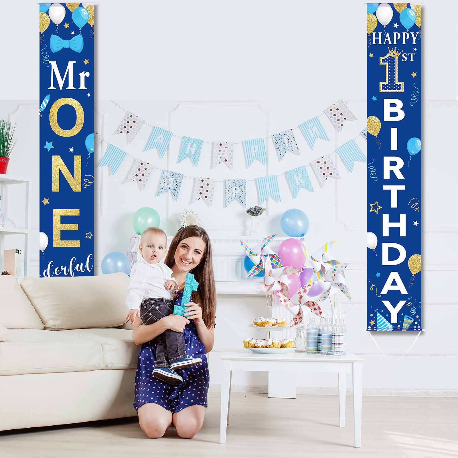 2 Pieces 1st Birthday Party Decorations Mr. Onederful Birthday Banner 1st Birthday Porch Sign Hanging Door Banner Welcome Porch Sign for Boy 1 Year Birthday Supplies Blue and Gold, 71 x 12 Inches