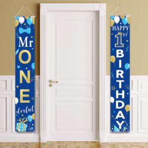 2 Pieces 1st Birthday Party Decorations Mr. Onederful Birthday Banner 1st Birthday Porch Sign Hanging Door Banner Welcome Porch Sign for Boy 1 Year Birthday Supplies Blue and Gold, 71 x 12 Inches