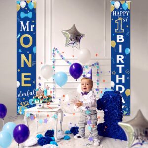 2 Pieces 1st Birthday Party Decorations Mr. Onederful Birthday Banner 1st Birthday Porch Sign Hanging Door Banner Welcome Porch Sign for Boy 1 Year Birthday Supplies Blue and Gold, 71 x 12 Inches