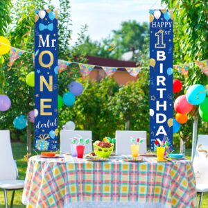 2 Pieces 1st Birthday Party Decorations Mr. Onederful Birthday Banner 1st Birthday Porch Sign Hanging Door Banner Welcome Porch Sign for Boy 1 Year Birthday Supplies Blue and Gold, 71 x 12 Inches