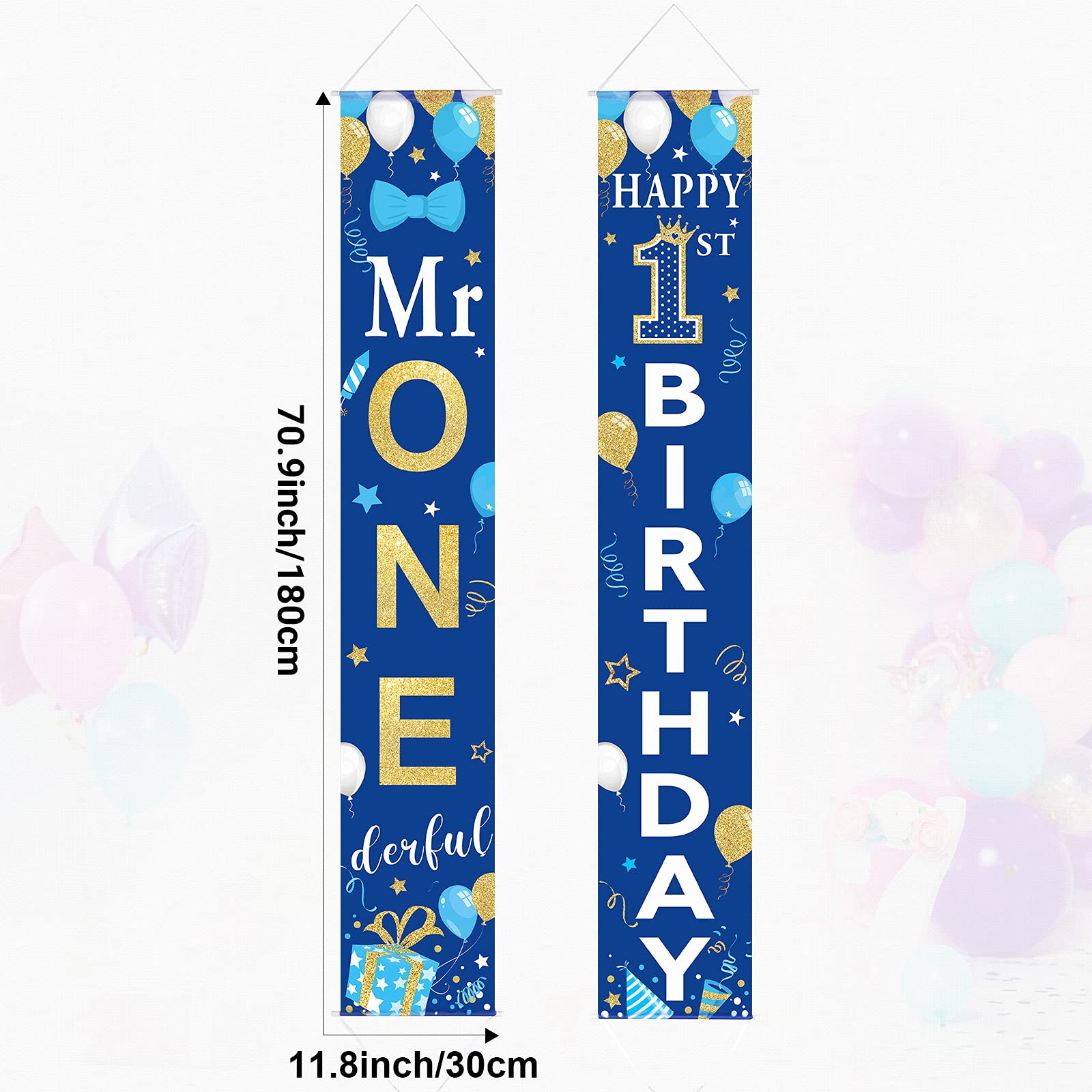 2 Pieces 1st Birthday Party Decorations Mr. Onederful Birthday Banner 1st Birthday Porch Sign Hanging Door Banner Welcome Porch Sign for Boy 1 Year Birthday Supplies Blue and Gold, 71 x 12 Inches