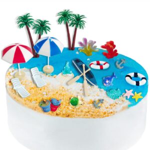 21 pieces beach cake toppers hawaiian chair boat palm tree umbrella dollhouse decoration miniature ornament kits set for swimming pool summer beach birthday party supplies