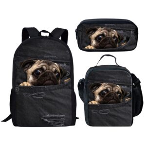 howilath pug dog in jeans pocket 3 pcs canvas daypack casual school bag for girls, kids 17 inch backpack set teen boys shoulder school bags insulated lunchbox with pencil case