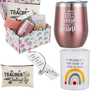 Hereman's Teacher Appreciation Gift Sets -Basket for Women, Back to School Gift, Christmas 12oz Wine Tumbler, Bookmarks, Ceramic Pen Holder, Pouch Bag, Rose Gold