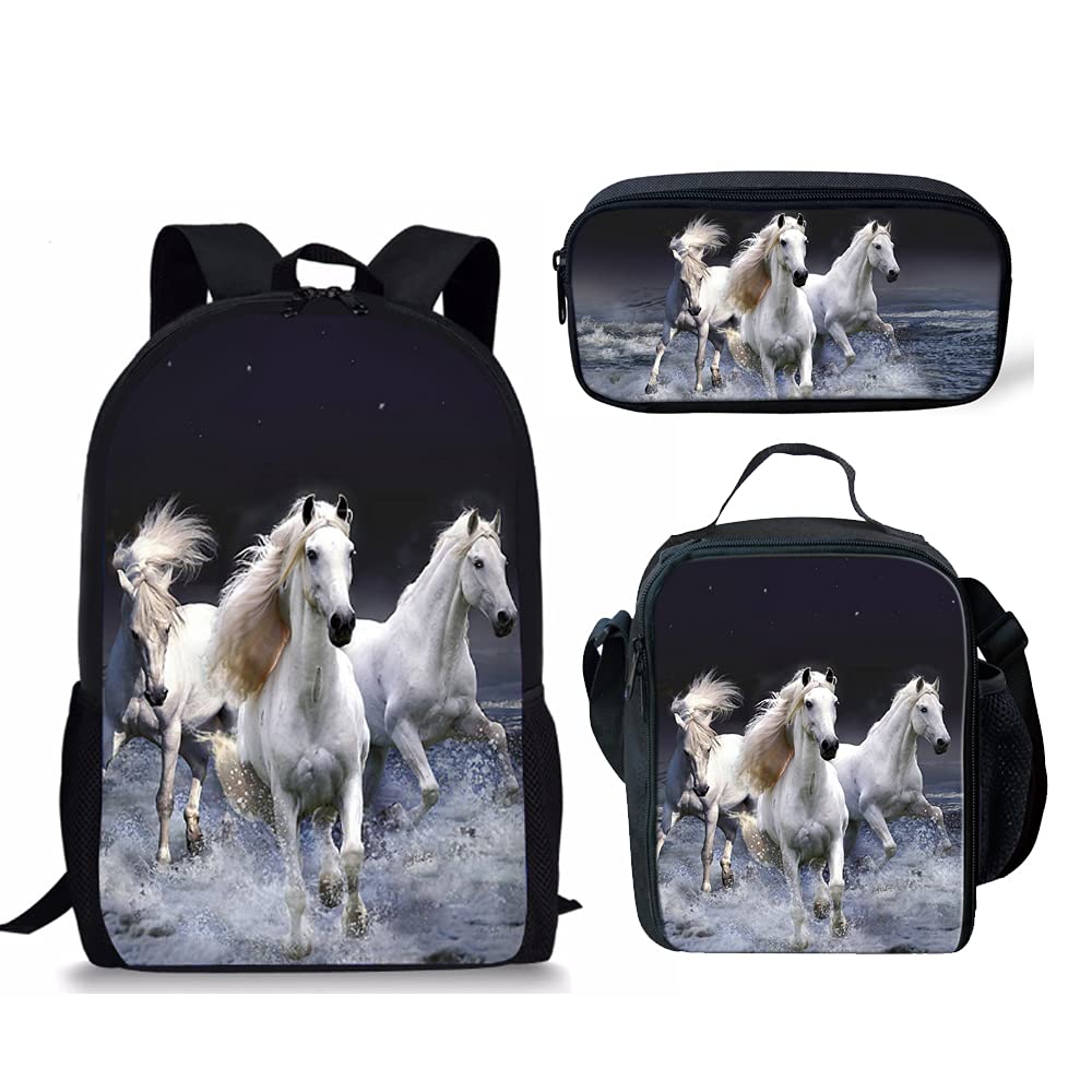 Beginterest Durable Backpack Sets for School Three White Horses Backpack with Insulated Lunch Box Pencil Case