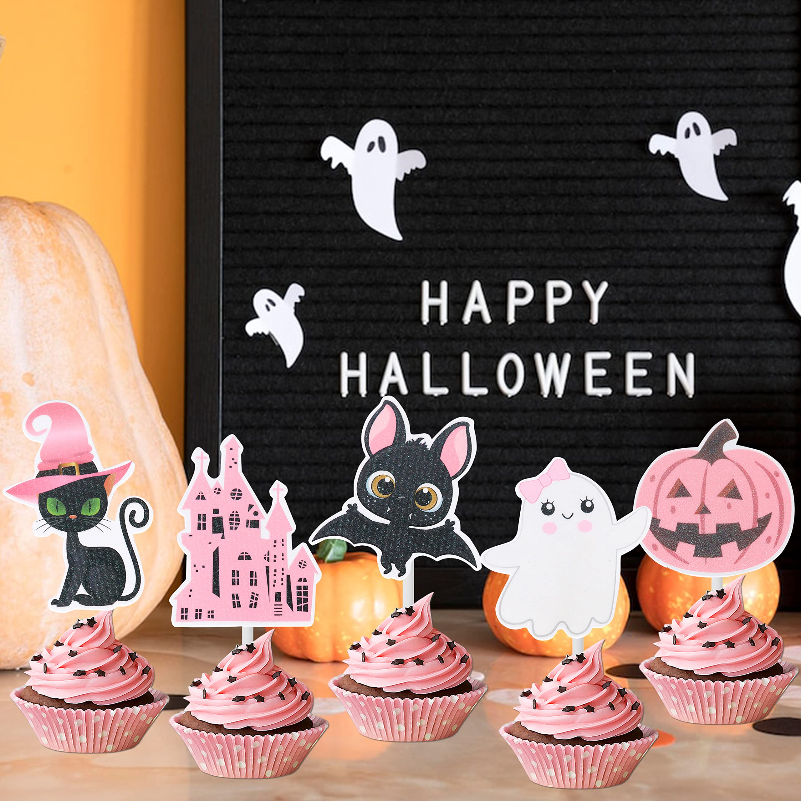 36Pcs Pink Ghost Cupcake Toppers Picks Halloween Cake Decorations for Halloween Party Decorations Halloween Themed Girls Baby Shower Supplies