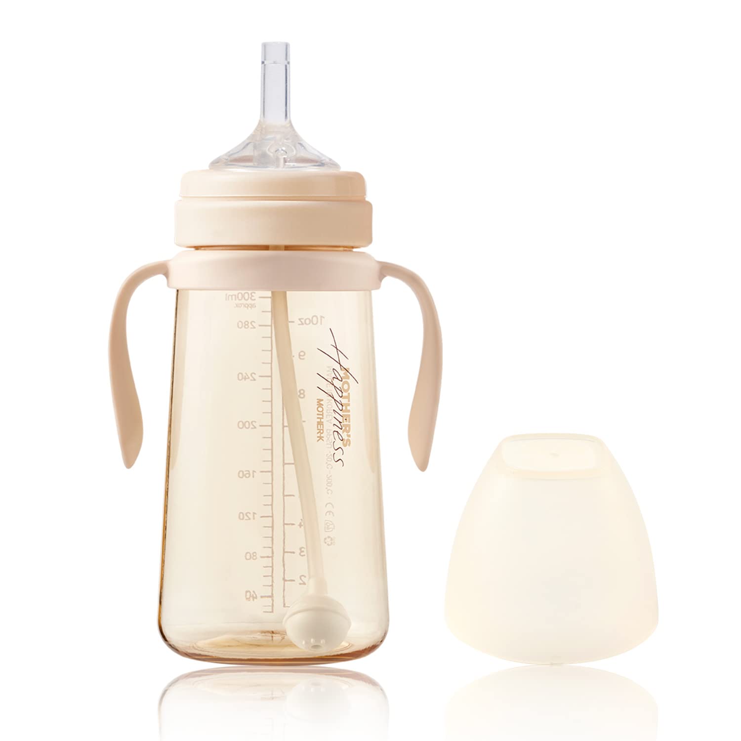 MOTHER-K No-Spill Sippy Cup with Weighted Straw with Handle, Drink from Any Angle for Babies & Toddlers, Customizable, PPSU Learner Cup, Ivory (10 oz)