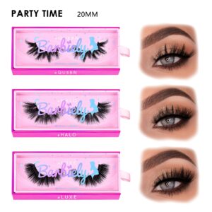 Barbiely 20mm Mink Lashes, 3D Real Mink Lashes, 3 Pairs Fluffy Dramatic False Eyelashes, 100% HandMade Mink Lshes, 6D Wispy Long Thick Full Volume Strip Eye Lashes, Cruelty Free(Party Time)