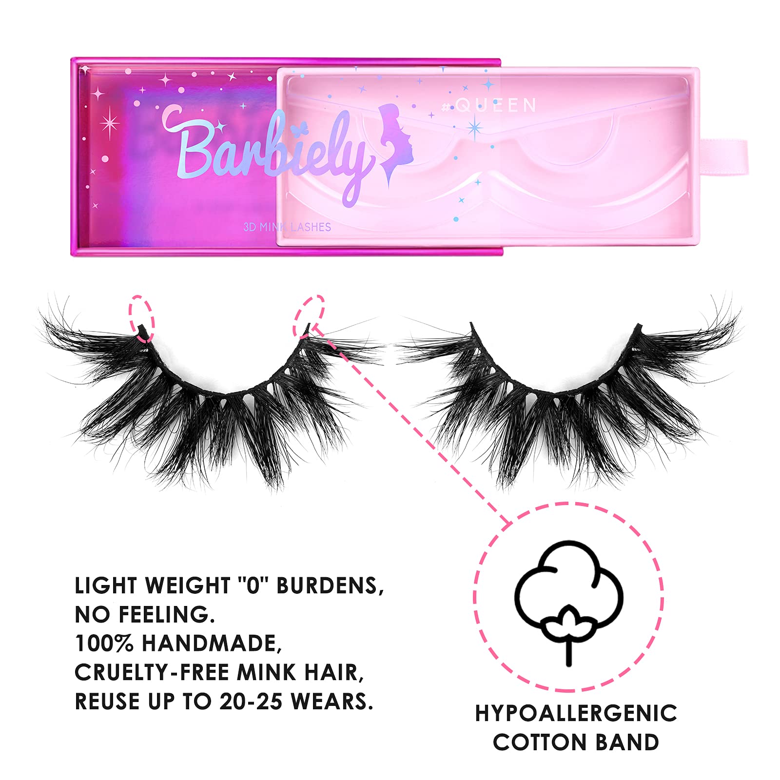 Barbiely 20mm Mink Lashes, 3D Real Mink Lashes, 3 Pairs Fluffy Dramatic False Eyelashes, 100% HandMade Mink Lshes, 6D Wispy Long Thick Full Volume Strip Eye Lashes, Cruelty Free(Party Time)