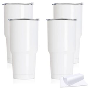 xccme 30oz sublimation tumblers bulk,4pack stainless steel coffee mugs,double wall vacuum insulated with shrink wrap films and splash proof lids,travel cups for diy gift,coffee,beverage white