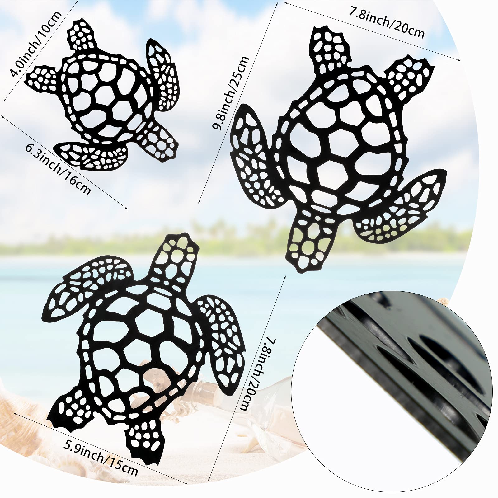 3 Pieces Sea Turtle Beach Theme Decor Metal Coastal Turtle Decor Wall Hanging Beach Sculpture Metal Farmhouse Turtle Wall Art Hawaiian Style Room Ornament for Home Indoor Outdoor Bathroom Garden