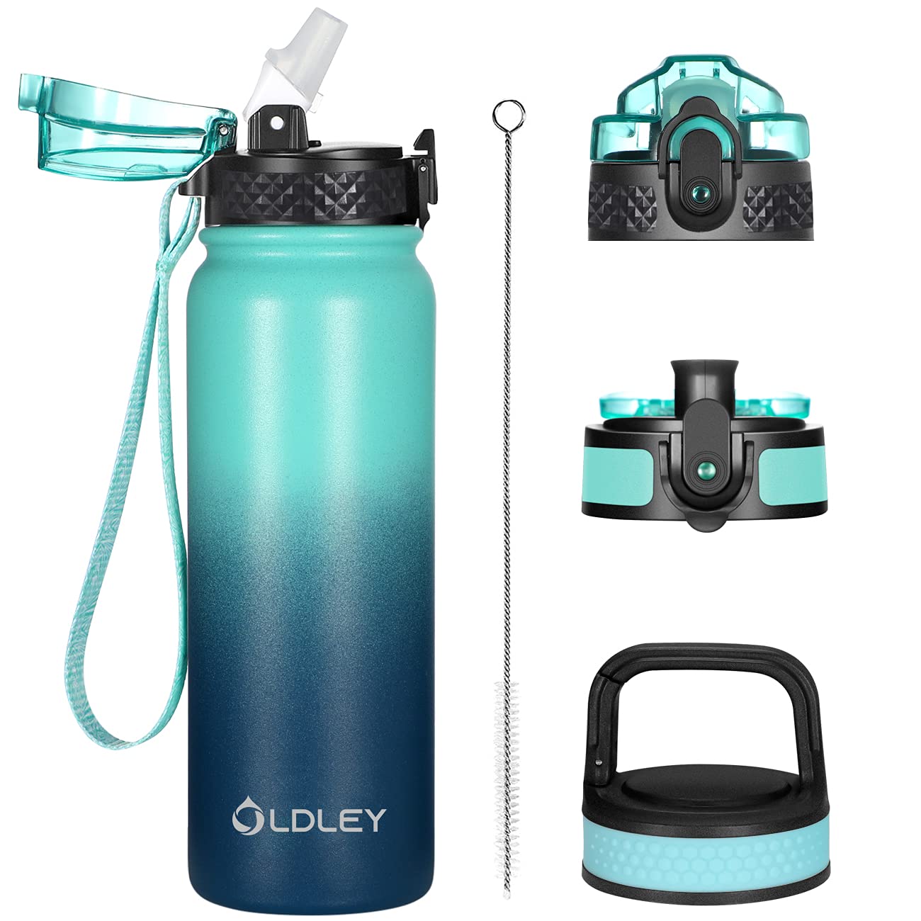 Oldley Insulated Water Bottle 20oz for Adults Kids Stainless Steel Water Bottles with Straw/Chug/Carabiner 3 Lids Fruit Strainer Double Wall Vacuum Wide Mouth BPA Free Leak-Proof for School Travel