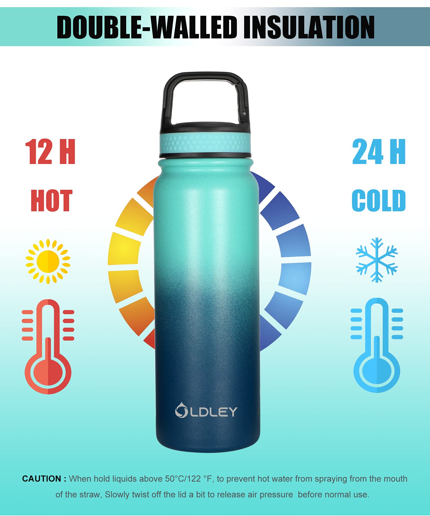 Oldley Insulated Water Bottle 20oz for Adults Kids Stainless Steel Water Bottles with Straw/Chug/Carabiner 3 Lids Fruit Strainer Double Wall Vacuum Wide Mouth BPA Free Leak-Proof for School Travel