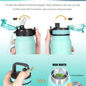 Oldley Insulated Water Bottle 20oz for Adults Kids Stainless Steel Water Bottles with Straw/Chug/Carabiner 3 Lids Fruit Strainer Double Wall Vacuum Wide Mouth BPA Free Leak-Proof for School Travel