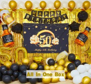 50th birthday party decorations to 50 years old party supplies for men with balloons garland kit, 50th birthday backdrop, happy birthday banner, foil balloons and curtains