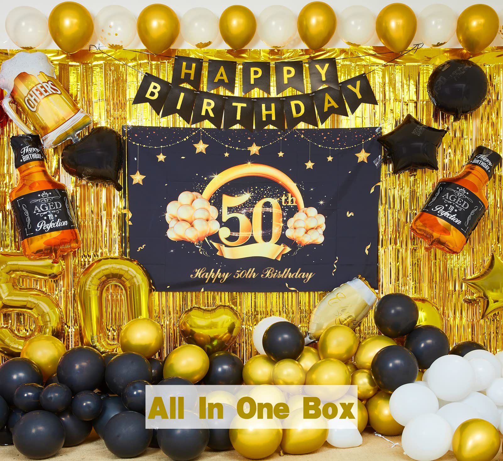 50th Birthday Party Decorations to 50 Years Old Party Supplies for Men with Balloons Garland kit, 50th Birthday Backdrop, Happy Birthday Banner, Foil Balloons and Curtains