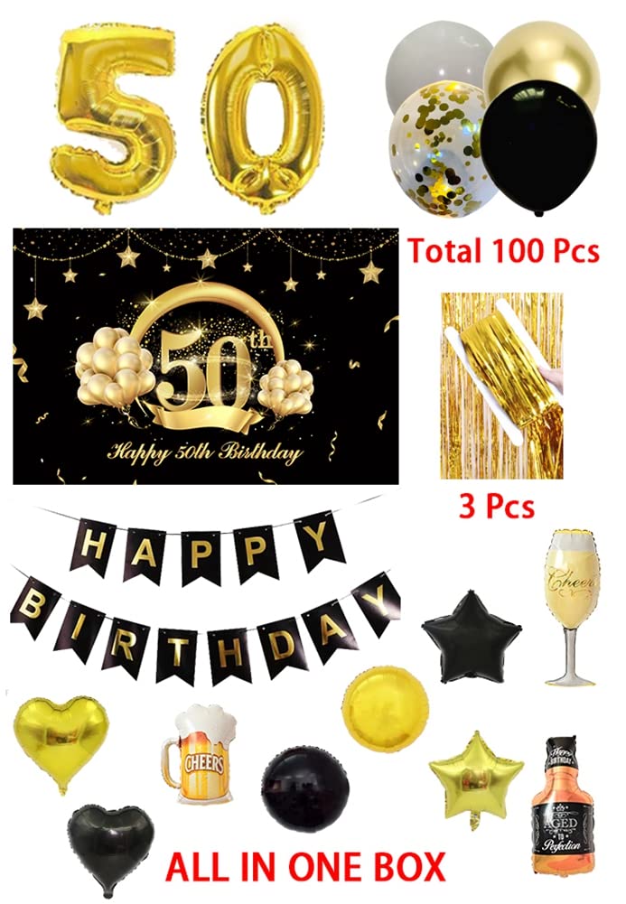 50th Birthday Party Decorations to 50 Years Old Party Supplies for Men with Balloons Garland kit, 50th Birthday Backdrop, Happy Birthday Banner, Foil Balloons and Curtains