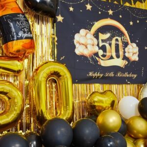 50th Birthday Party Decorations to 50 Years Old Party Supplies for Men with Balloons Garland kit, 50th Birthday Backdrop, Happy Birthday Banner, Foil Balloons and Curtains