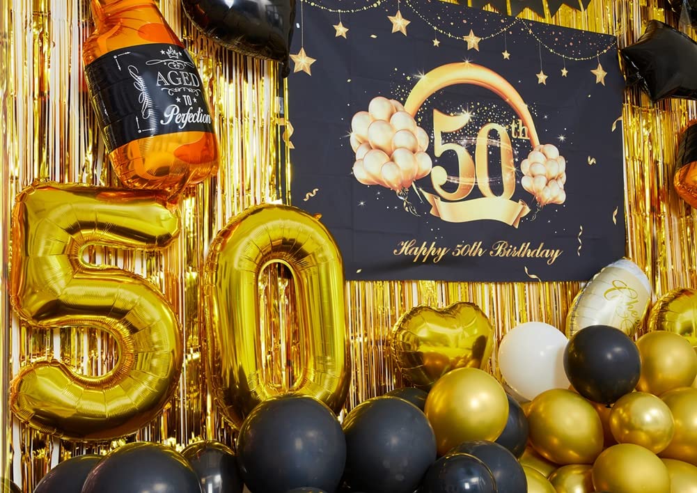 50th Birthday Party Decorations to 50 Years Old Party Supplies for Men with Balloons Garland kit, 50th Birthday Backdrop, Happy Birthday Banner, Foil Balloons and Curtains