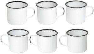 red co. set of 6 enamelware metal medium classic 12 oz round coffee and tea mug with handle, distressed white/black rim