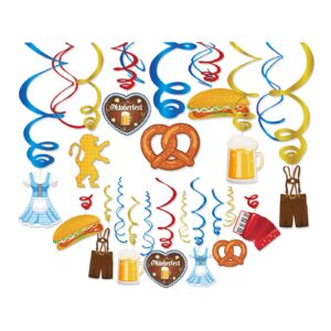 the munich oktoberfest swirl decorations,german oktoberfest party hanging whirl streamers,wiesenbier party supplies,sausage,beer,gold dress,leather pants hanging decorations for party together