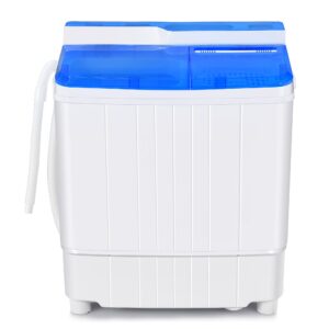 costway portable washing machine, semi-automatic twin tub 13lbs compact washer and spinner, built-in drain pump, control knobs and hose, laundry washer for apartment, rv, blue