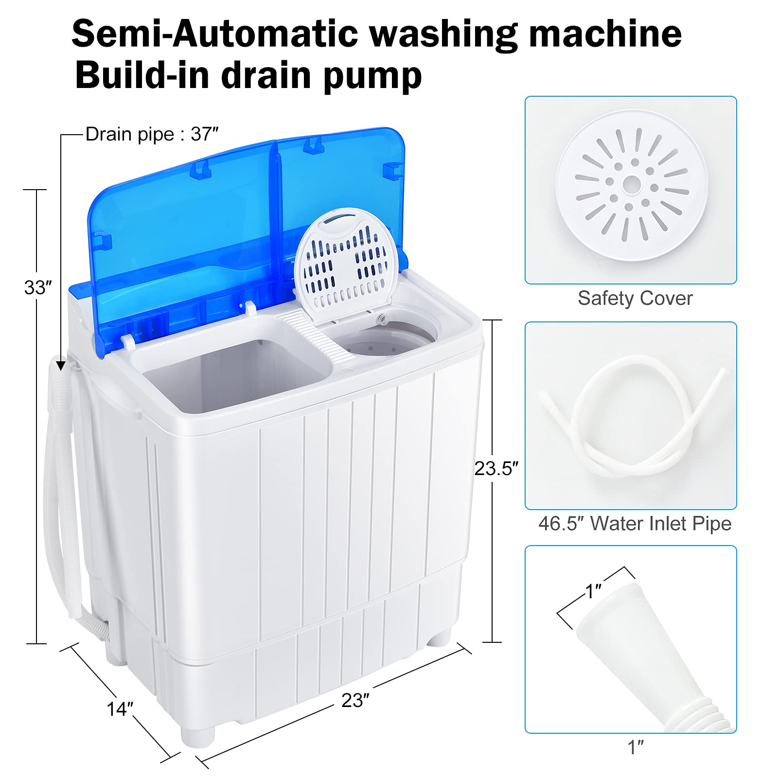 COSTWAY Portable Washing Machine, Semi-Automatic Twin Tub 13lbs Compact Washer and Spinner, Built-in Drain Pump, Control Knobs and Hose, Laundry washer for Apartment, RV, Blue