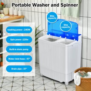 COSTWAY Portable Washing Machine, Semi-Automatic Twin Tub 13lbs Compact Washer and Spinner, Built-in Drain Pump, Control Knobs and Hose, Laundry washer for Apartment, RV, Blue