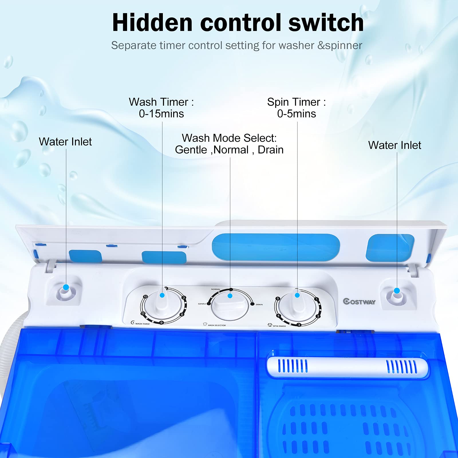 COSTWAY Portable Washing Machine, Semi-Automatic Twin Tub 13lbs Compact Washer and Spinner, Built-in Drain Pump, Control Knobs and Hose, Laundry washer for Apartment, RV, Blue