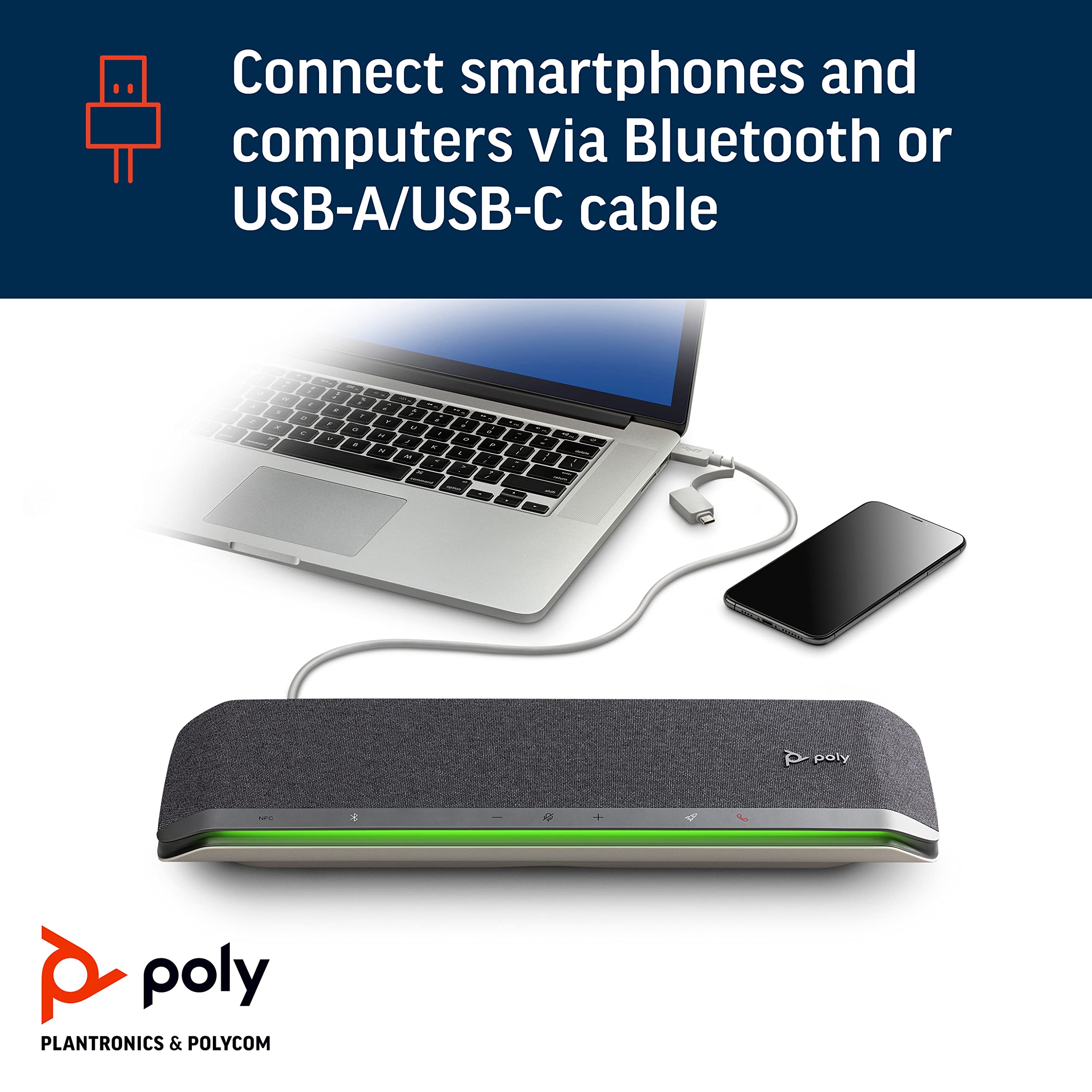 Poly - Sync 60 Smart Speakerphone for Conference Rooms (Plantronics) - Connect to PC/Mac via Combined USB-A/USB-C Cable, Smartphones via Bluetooth - Works with Teams (Certified), Zoom & More