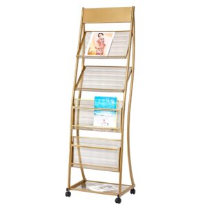 yxx small brochure catalog display holder with 4 pockets & casters, floor-standing magazine rack newspapers stand for trade show & commercial exhibitions (color : gold)