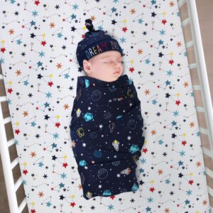 Fisher-Price Space Explorer Collection Swaddle Blanket with Hat, Mittens for Ages 0-6 Months