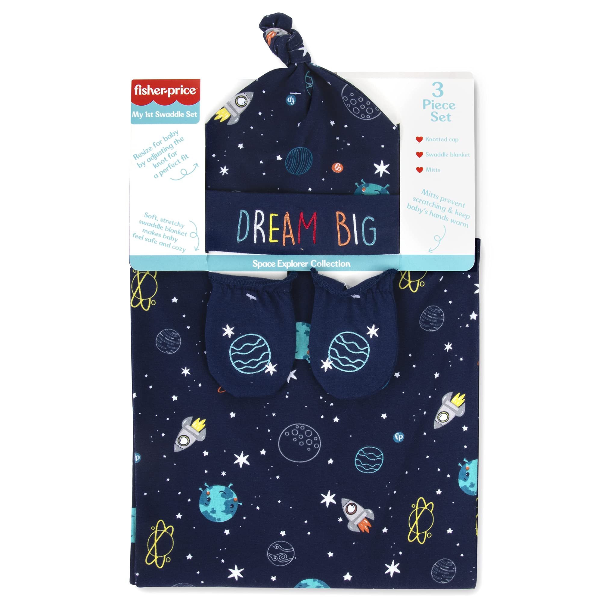 Fisher-Price Space Explorer Collection Swaddle Blanket with Hat, Mittens for Ages 0-6 Months