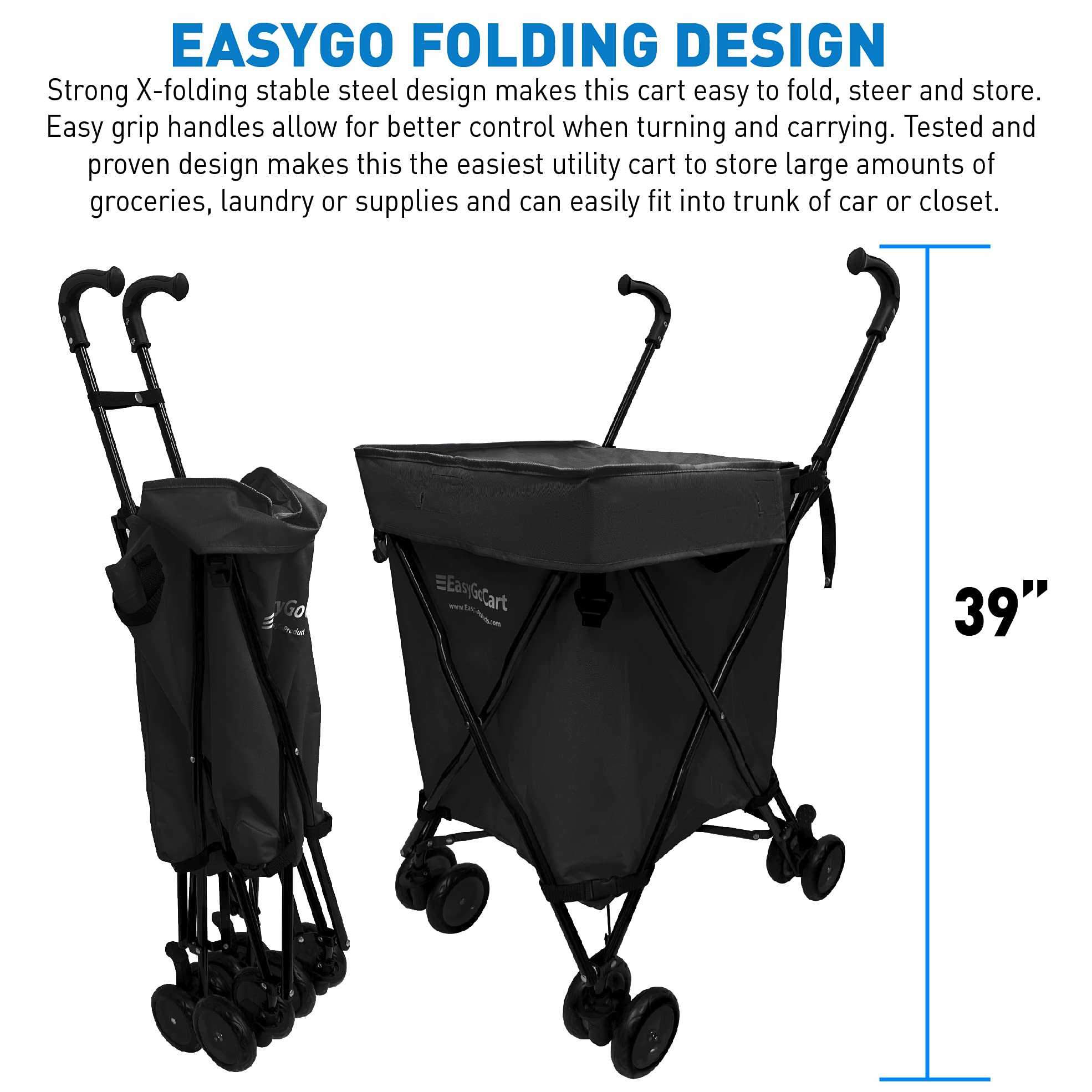 EasyGo Grocery Shopping Cart Laundry Basket Rolling Utility Cart with Wheels – Removable Canvas Bag, Versa Wheels & Rear Brakes - Easy Folding 120lb Capacity – Copyrighted, Black