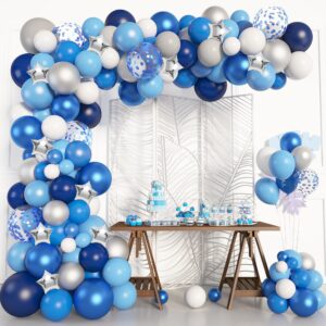 amandir navy blue balloons arch garland kit, 144pcs royal light blue confetti silver star foil balloons for blue boys birthday baby shower wedding party decorations supplies &4pcs tools